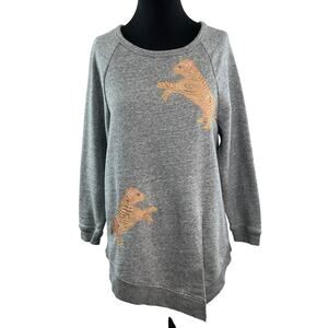 Akemi+Kin Gray Orange Top Cotton Embroidered Round Neck Raglan Sleeve Size XS